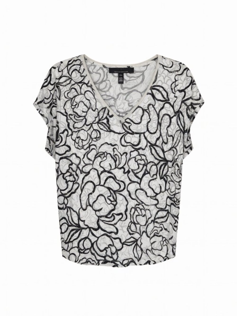 White House Black Market Women's XS Floral Top Grey Black Cotton